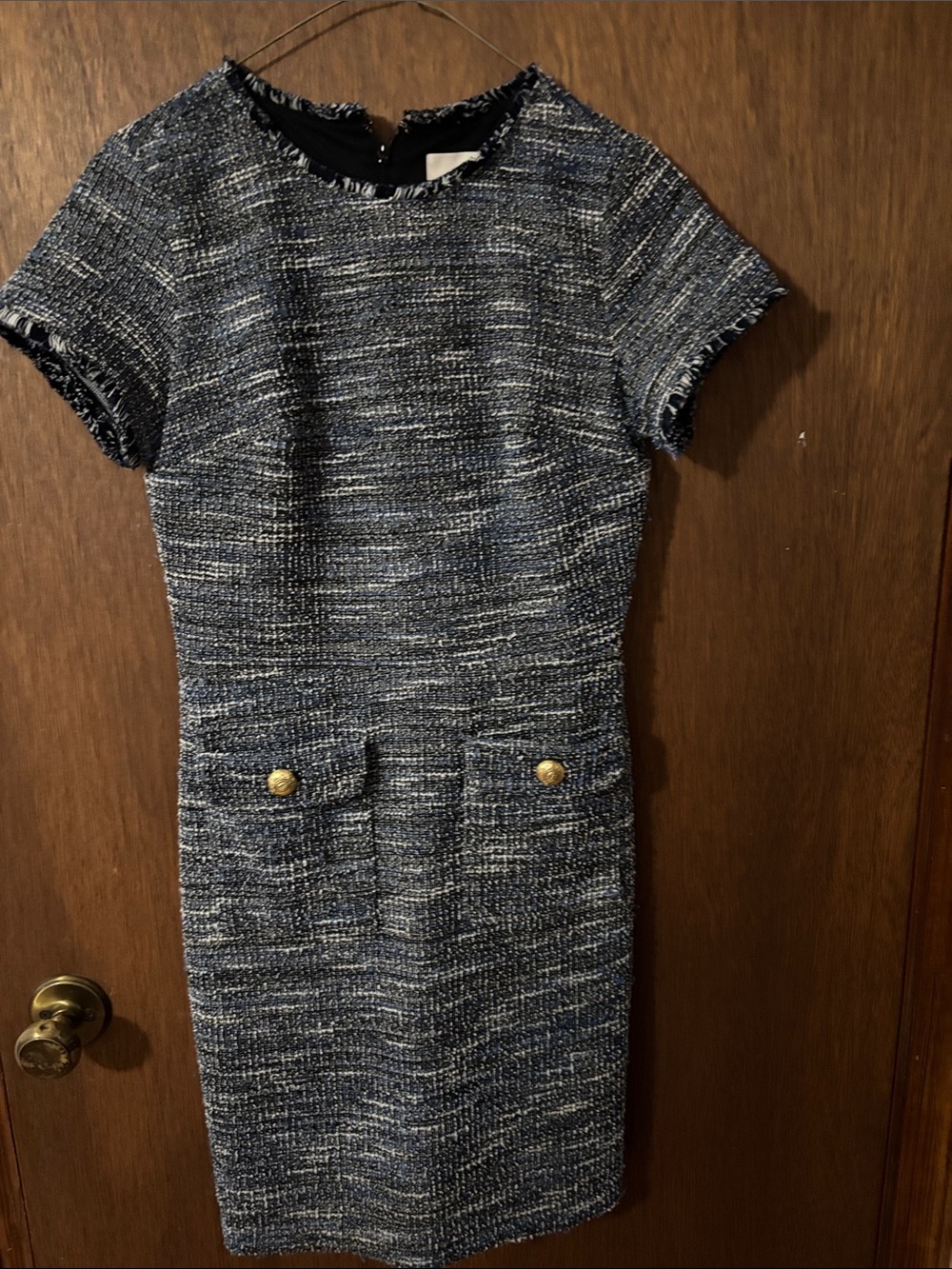 LOFT Navy and White Tweed Sheath Midi Dress with Gold Buttons